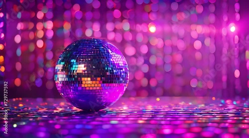 A vibrant disco ball spins, casting a multitude of colorful lights across the nightclub, creating an energetic party atmosphere photo