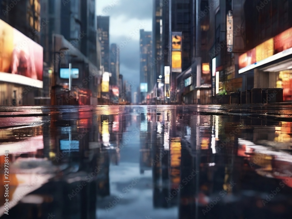modern building in the city center with billboards, light reflection from puddles on the street. beautiful landscape illustration. background for poster, banner, web, social media. ai generative modern building in the city center with billboards, light reflection from puddles on the street. beautiful landscape illustration. background for poster, banner, web, social media. ai generative