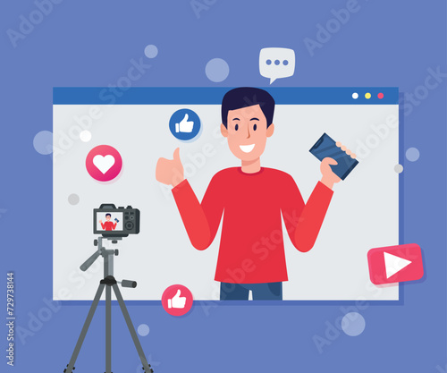 Content Creators Illustration Vector Template, Social Media Online Video Stream, Character live, Production Blog Advertising Content Creativity Marketing Elements. 