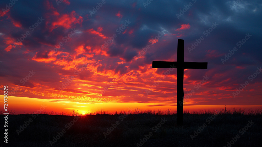 Religious Cross Silhouette in a Vibrant Sunset - Representing the Cross, Religious Faith. and the Power of Redemption