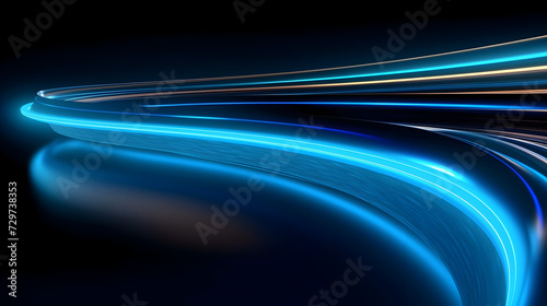 Abstract blue high-speed light tail lines, floating aqua blue neon laser light lines, modern background