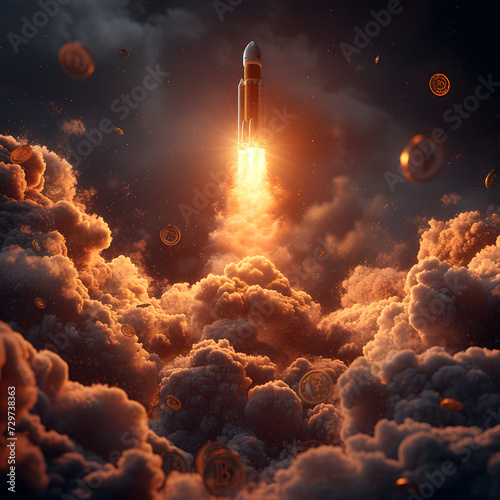 Rocket in the sky. Mixed media. Mixed media. Mixed media,Ascension Amidst the Fiery Clouds,with bitcoin