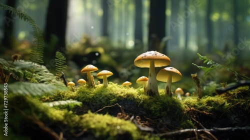 A few bonnet mushrooms in a forest. The ground is covered with moss.