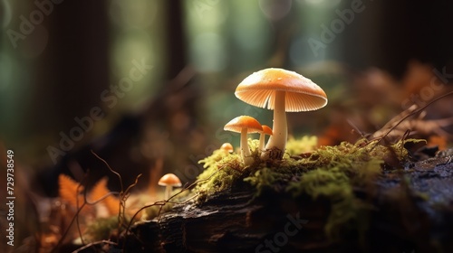 A mushroom (Mycena) on dead wood, in the forest.