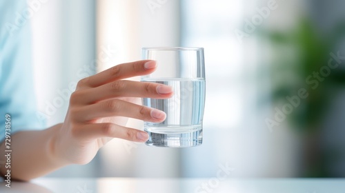 A Health concept. Horizontal banner image, on foreground caucasian female hand holds glass of clear water give to camera smiling selective close up focus.