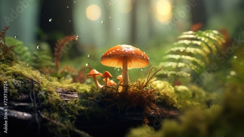 Close-up of a small fairy mushroom in the forest.