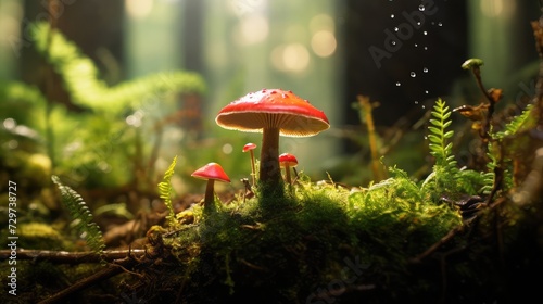 A vibrant small mushroom growing amongst lush green moss and various flora on the ground