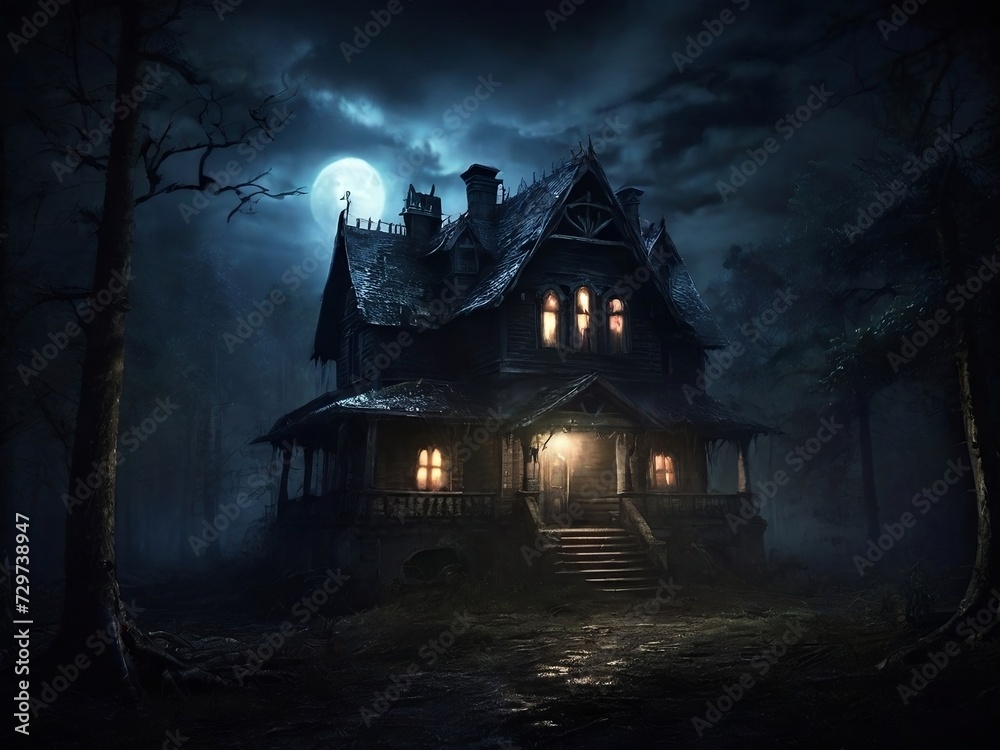 Obraz premium mysterious scary house at night. horror style illustration, mystical. background for poster, banner, web, social media. ai generative design
