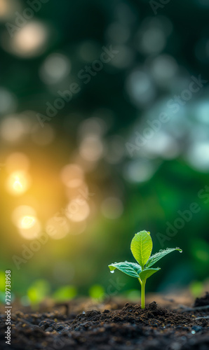 Young plant sprouting from soil with dew on leaves, backlit by warm sunlight, representing growth, new beginnings, and environmental conservation, background with a place for text