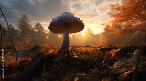 Lonely autumn mushroom at dawn