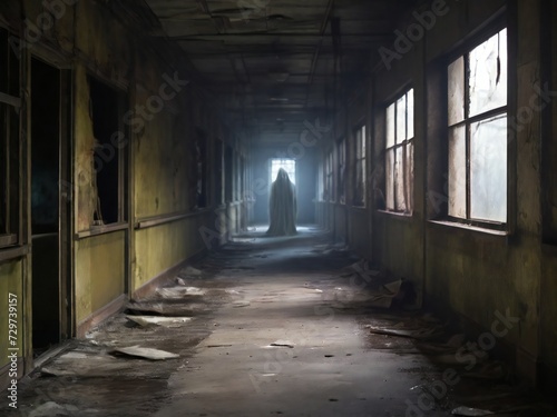 abandoned building with a scary ghost inside. horror style illustration, halloween design. background for poster, banner, web, social media. ai generative design