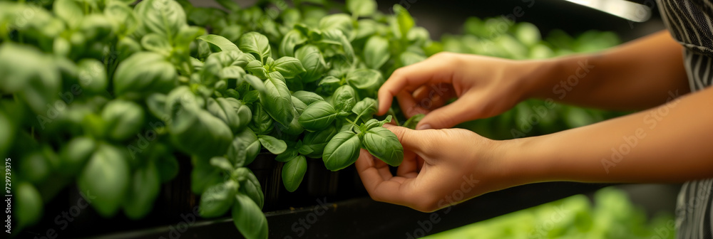 Close-up of hands gently picking fresh basil leaves from an indoor garden, symbolizing sustainable living and urban farming, background with a place for text Close-up of hands gently picking fresh basil leaves from an indoor garden, symbolizing sustainable living and urban farming, background with a place for text