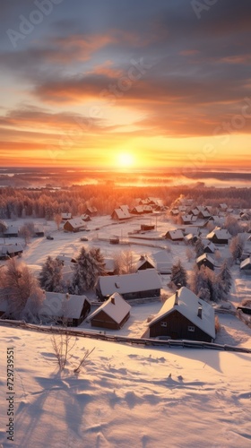 A Sunrise on a winter morning, rural northern village with snow, warm morning lights.