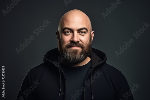 Portrait of a bald man with a beard in a black hoodie.