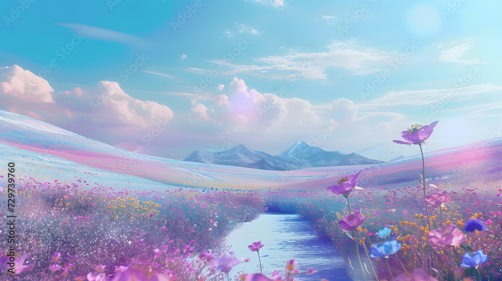 3D illustration of a fantasy landscape with flowers and mountains in the background,a Blossoming Fantasy Landscape
