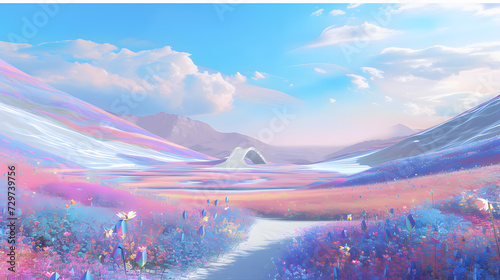 3D illustration of a fantasy landscape with flowers and mountains in the background a Blossoming Fantasy Landscape