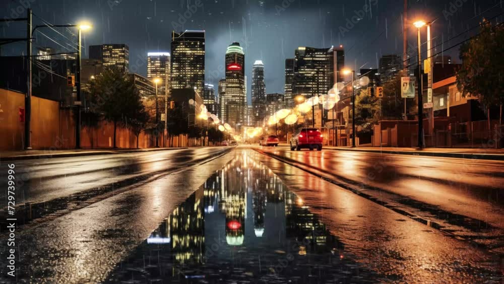 rain in the city background. heavy rain drops falling on city street ...