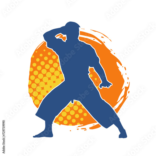 Silhouette of a man in oriental martial art pose. Silhouette of a male in martial art move.
