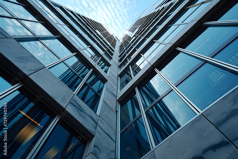 glass facade of a modern office building against a blue sky glass facade of a modern office building against a blue sky