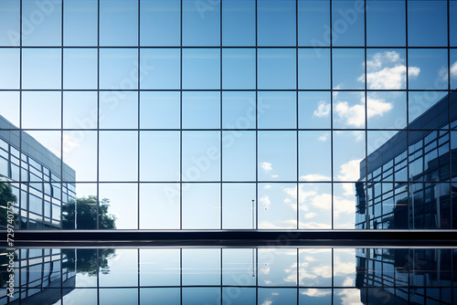 glass facade of a modern office building against a blue sky