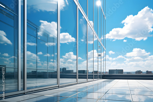 glass facade of a modern office building against a blue sky