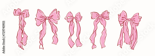 Hand drawn large pink ribbon bow collection, ,vintage style,chiffon bow clips vector. Coquette soft style