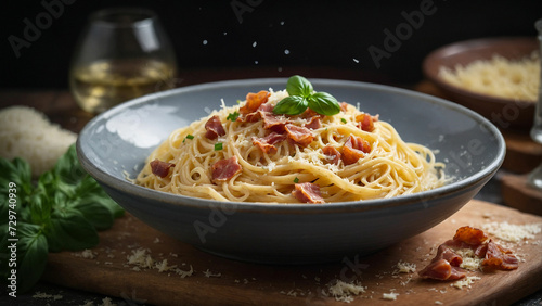A steaming plate of spaghetti alla carbonara served in a traditional ceramic dish, garnished with crispy pancetta and freshly grated pecorino cheese
