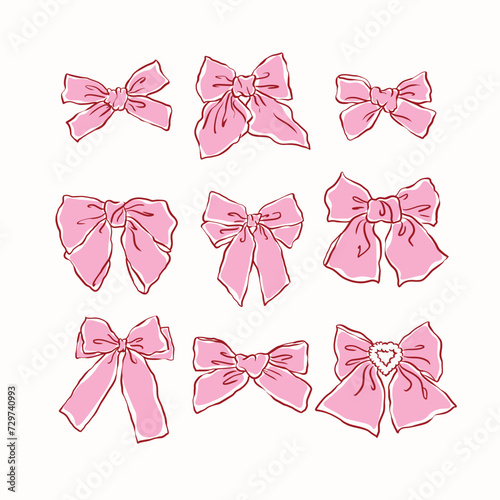Hand drawn large pink ribbon bow collection, ,vintage style,chiffon bow clips vector. Coquette soft style