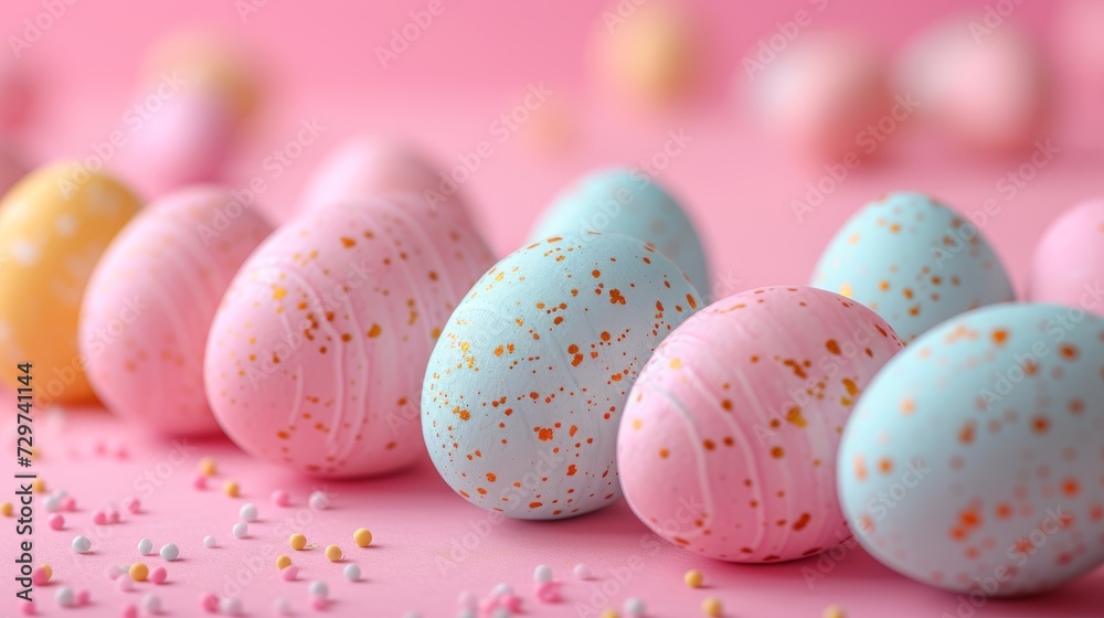 Colorful Pastel Easter Eggs on Pink Background with Confetti
Colorful Pastel Easter Eggs on Pink Background with Confetti
