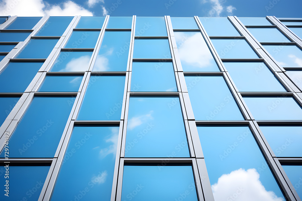 glass facade of a modern office building against a blue sky glass facade of a modern office building against a blue sky