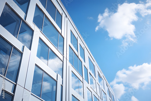glass facade of a modern office building against a blue sky