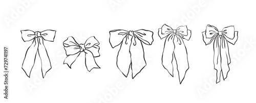 Hand drawn large  ribbon bow collection, ,vintage style,chiffon bow clips vector. Coquette soft style