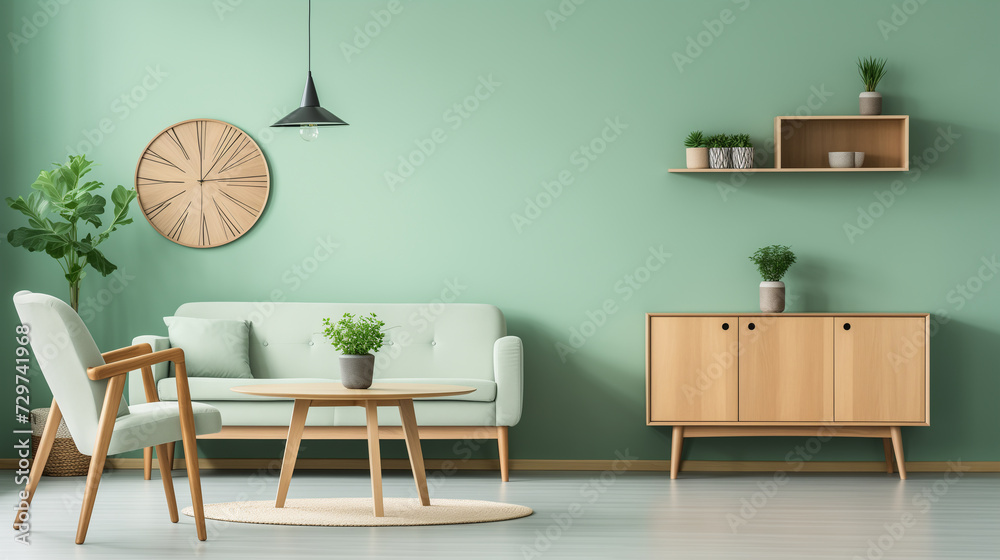 Fototapeta premium Mint color chairs at round wooden dining table in room with sofa and cabinet near green wall. Scandinavian, mid-century home interior design of modern living room
