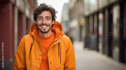 Man in Bright Orange Jacket Enjoying the Urban Scene © Dinaaf