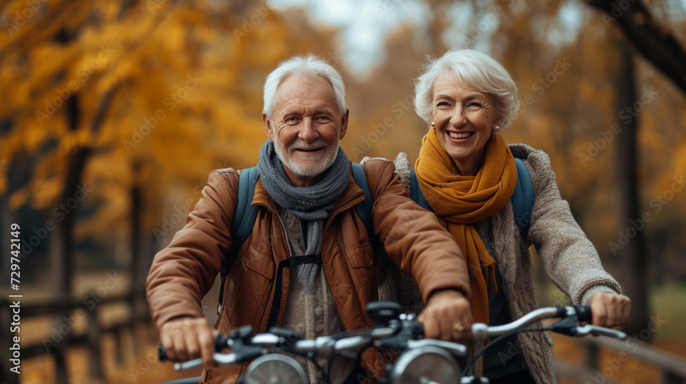 Joyful senior couple bikes in an autumn park, showcasing an active lifestyle among golden foliage. Senior Couple, Bicycle, Park, Autumn, Joyful, Active Lifestyle. Generative AI