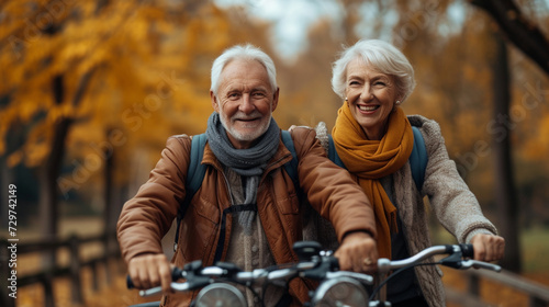 Joyful senior couple bikes in an autumn park, showcasing an active lifestyle among golden foliage. Senior Couple, Bicycle, Park, Autumn, Joyful, Active Lifestyle. Generative AI
