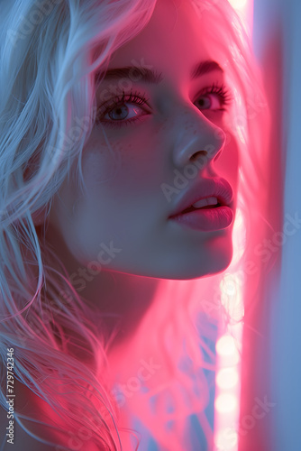 Portrait of a beautiful girl with pink hair in neon light.Illuminated Elegance.