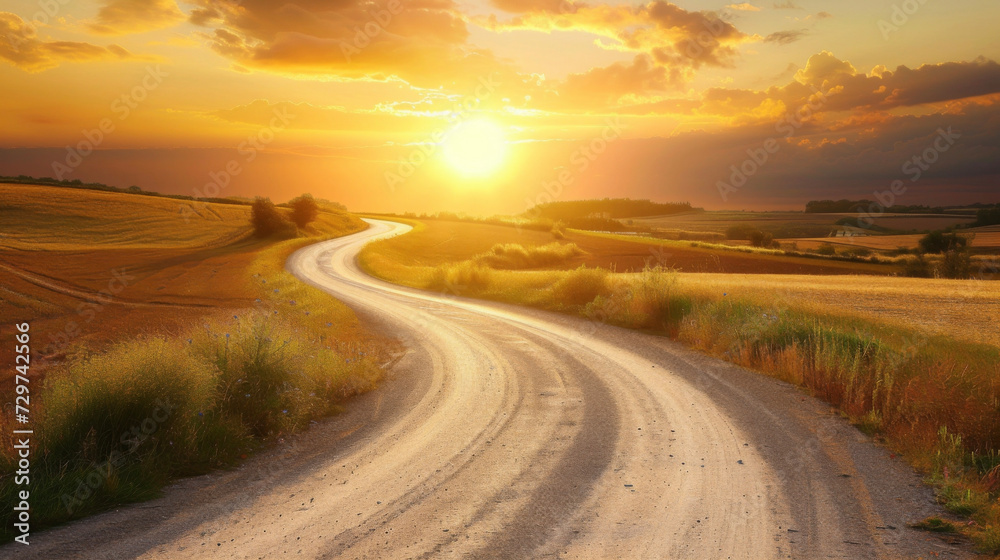 A winding country road leads straight towards a glowing sunset offering a sense of freedom and escape.