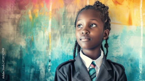 A young African immigrant girl standing tall in her school uniform and determined to achieve her dreams despite facing challenges as a newcomer in a new country. photo