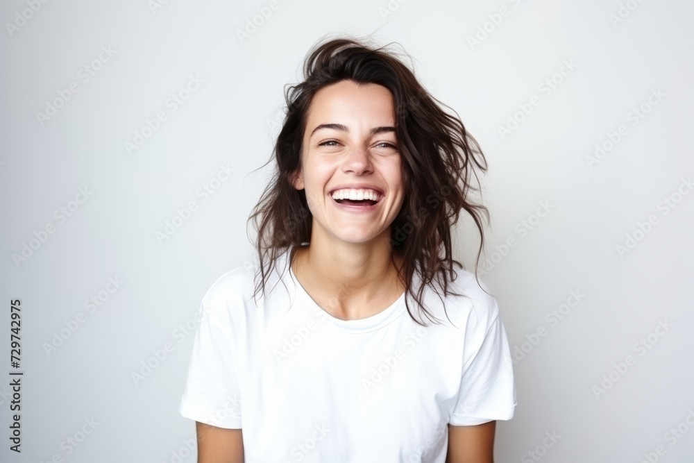 Portrait of a beautiful young woman laughing against a gray background. Portrait of a beautiful young woman laughing against a gray background.