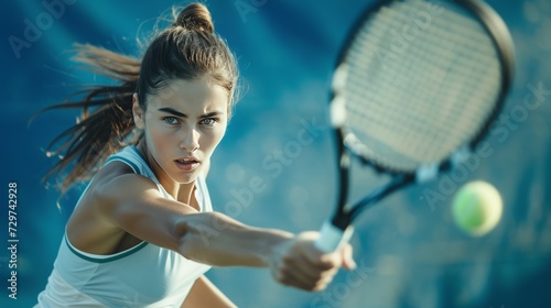 Focused Young Female Tennis Player Hitting Ball