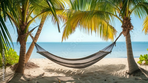 An Empty Hammock Strung Between Palm Trees on a Peaceful Beach