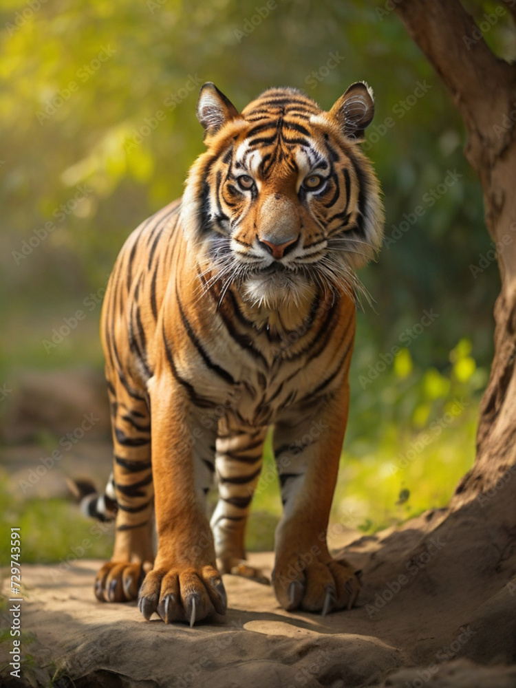 Amazing tiger in the nature habitat. Tiger pose during the golden light time. Wildlife scene with danger animal. Amazing tiger in the nature habitat. Tiger pose during the golden light time. Wildlife scene with danger animal.