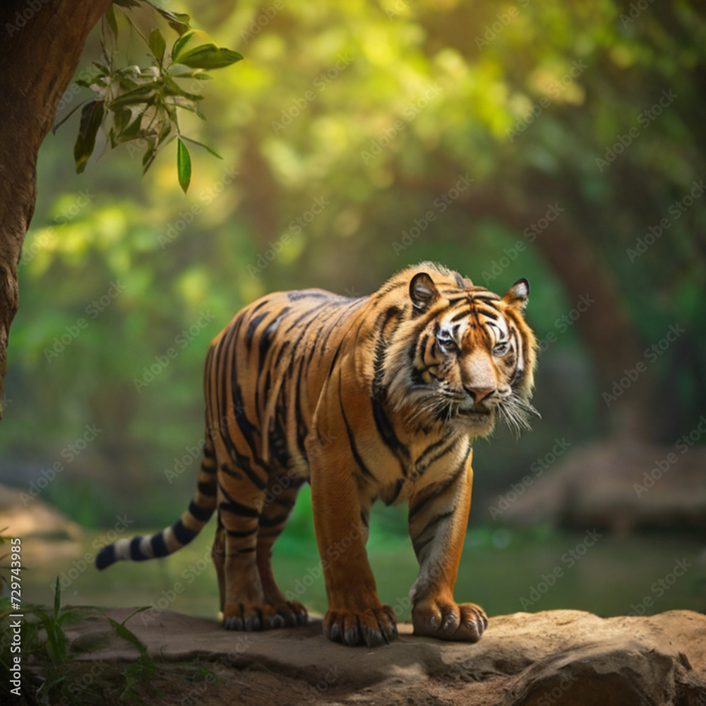 Obraz premium Amazing tiger in the nature habitat. Tiger pose during the golden light time. Wildlife scene with danger animal.
