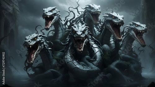 nine head hydra,mytical monster.fangs,fierce,dark aura