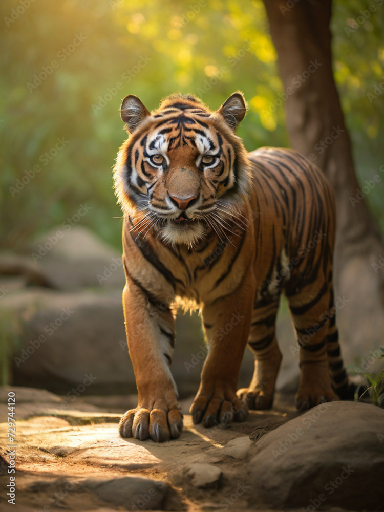 Amazing tiger in the nature habitat. Tiger pose during the golden light time. Wildlife scene with danger animal. Amazing tiger in the nature habitat. Tiger pose during the golden light time. Wildlife scene with danger animal.