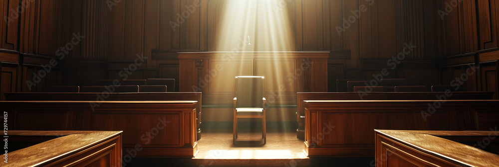 Sunlight streams into an empty courtroom highlighting the witness stand, symbolizing justice, legal concepts, and the judicial system, background with a place for text - obrazy, fototapety, plakaty 