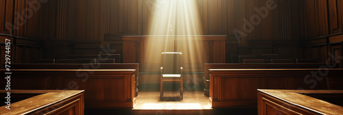 Sunlight streams into an empty courtroom highlighting the witness stand, symbolizing justice, legal concepts, and the judicial system, background with a place for text photo