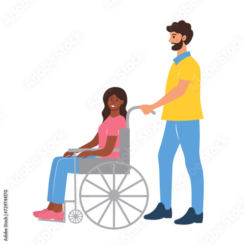 Man carrying black woman in a wheelchair. Female character undergoing rehabilitation after trauma or disease. Disabled person. Support, special needs concept.