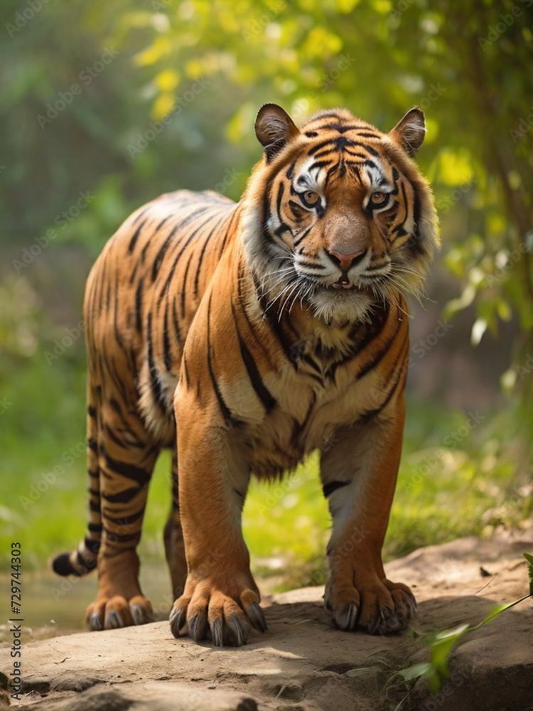 Obraz premium Amazing tiger in the nature habitat. Tiger pose during the golden light time. Wildlife scene with danger animal.